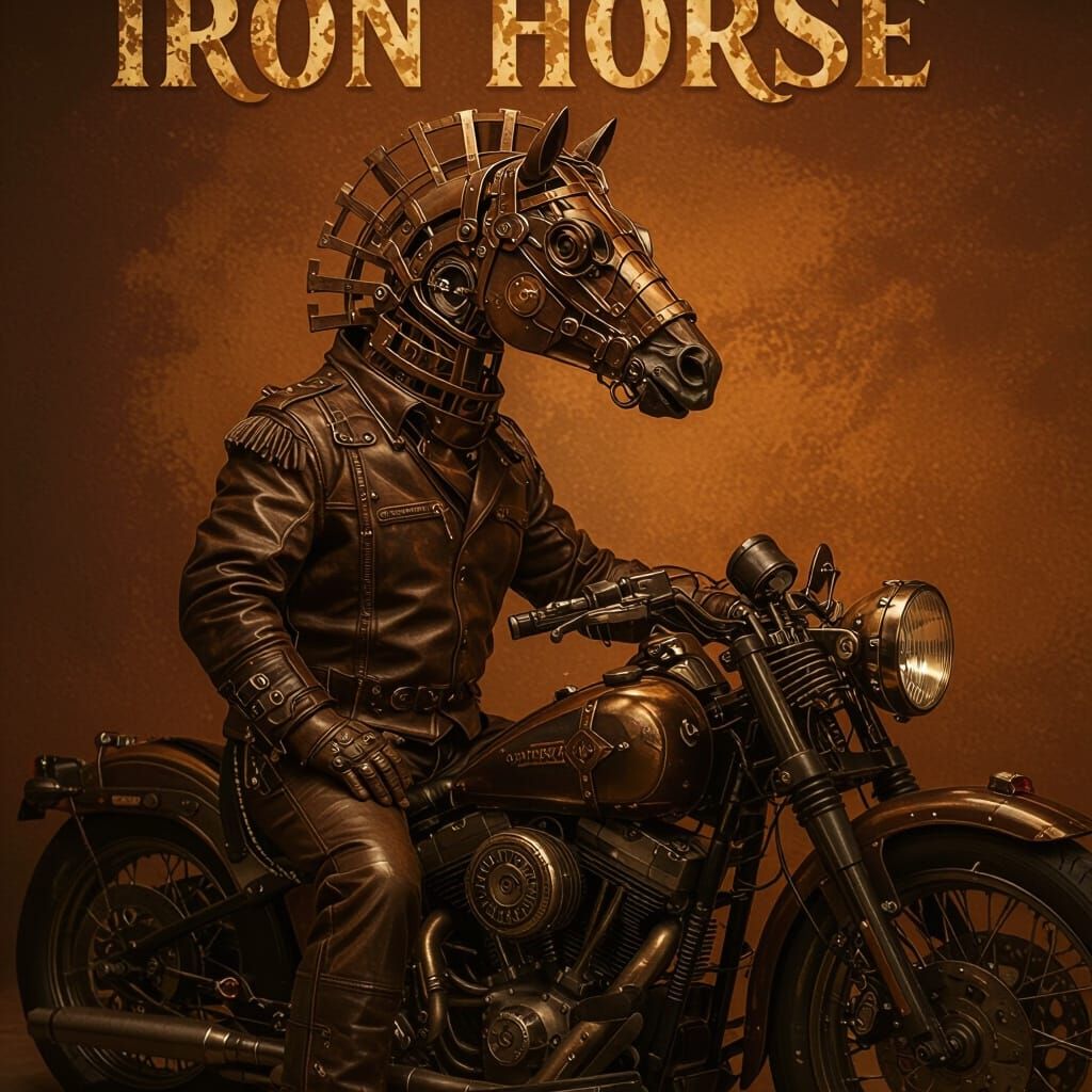 Steampunk Iron Horse Motorcycle in Abstract Surreal Style
