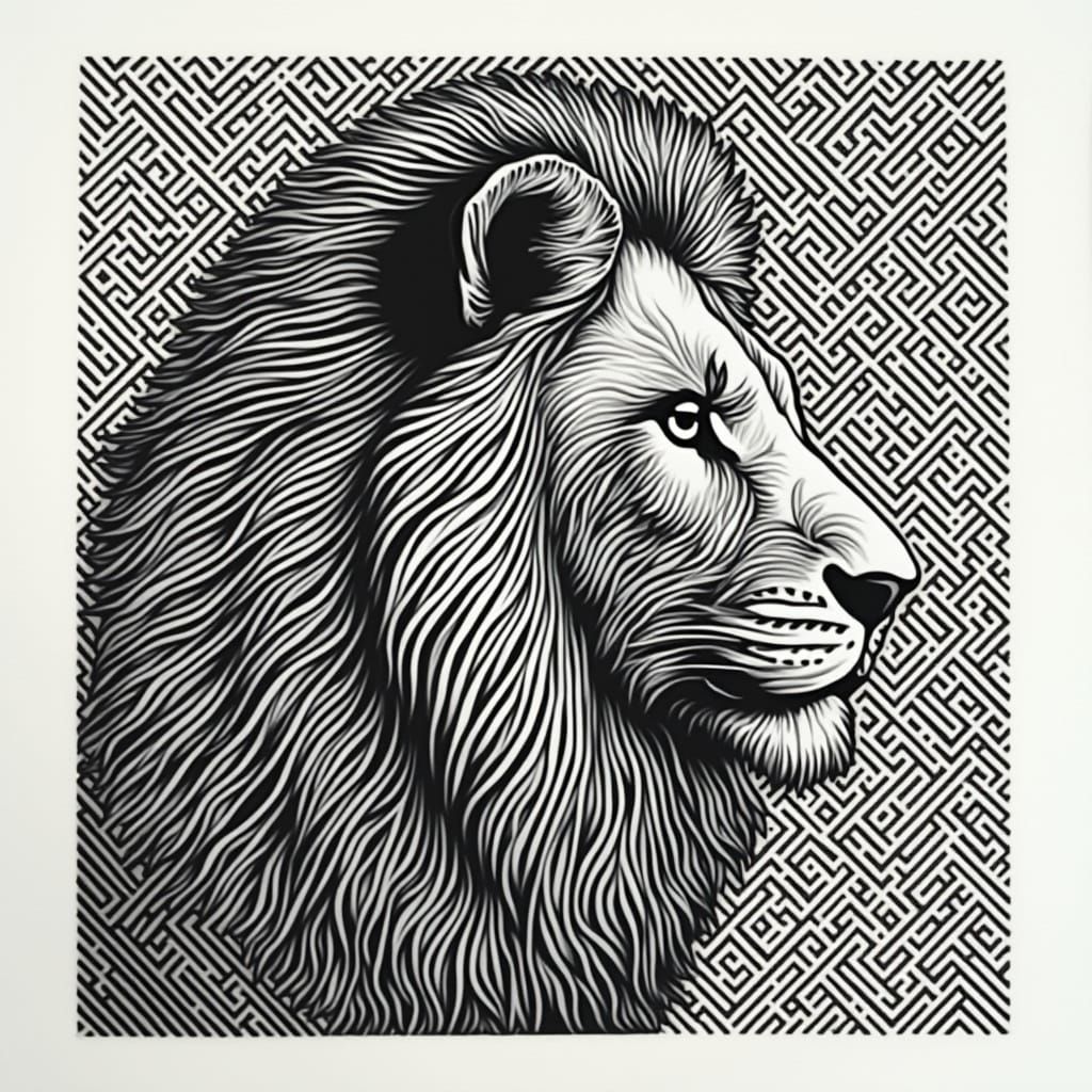 Geometric Lion in Op Art Style