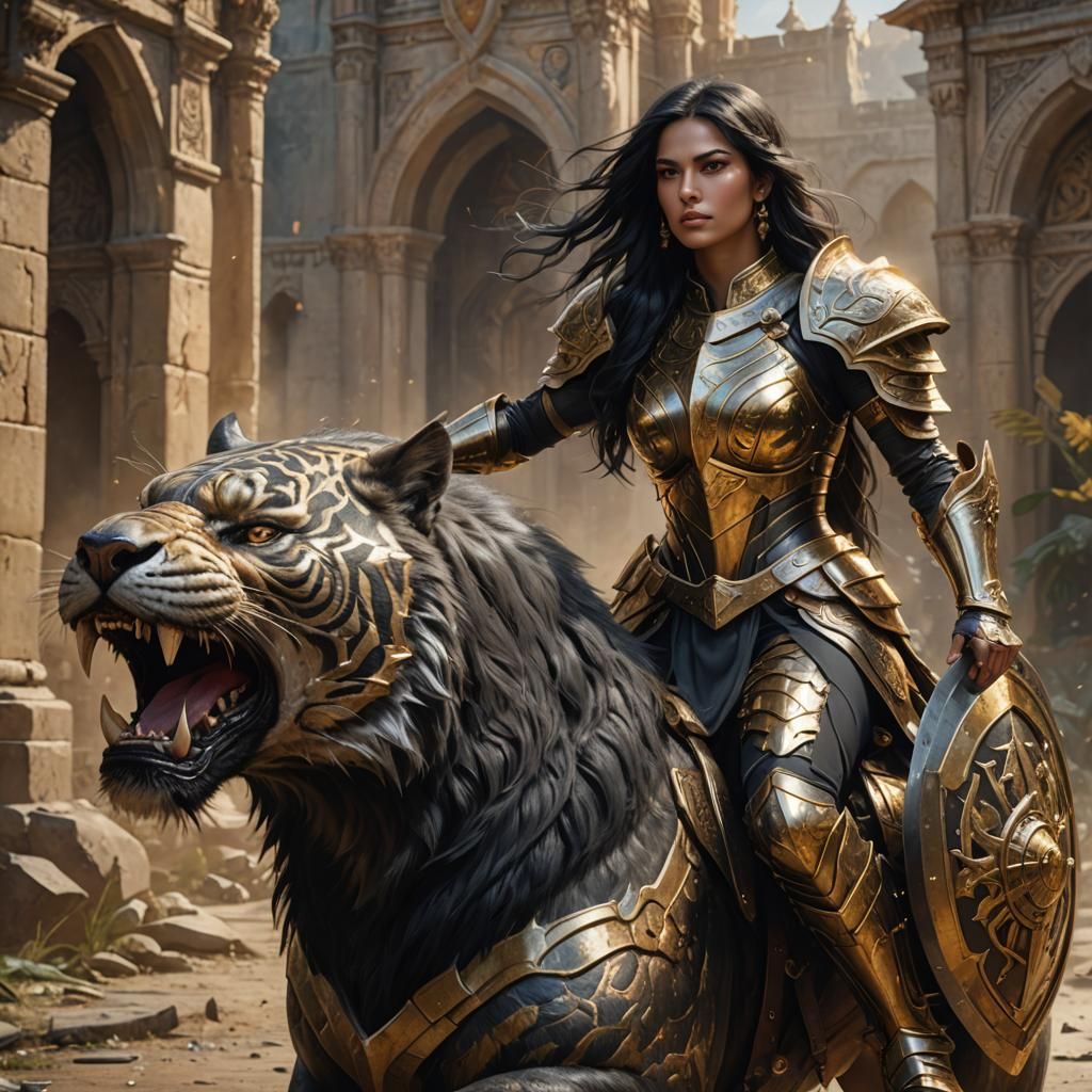 Latina Paladin on War Tiger, Fantasy Art