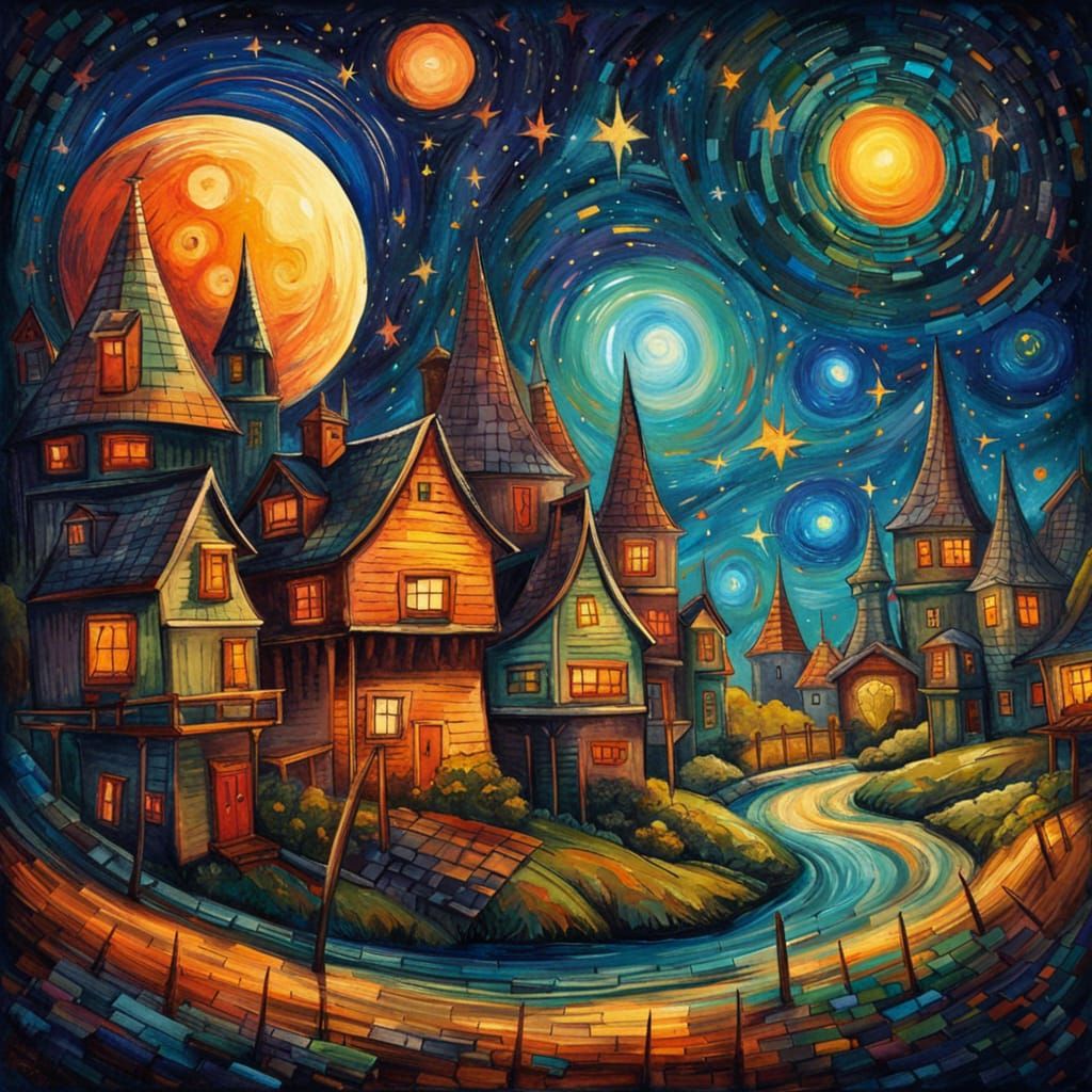 Medieval Village Under Stars in Pointillist Style