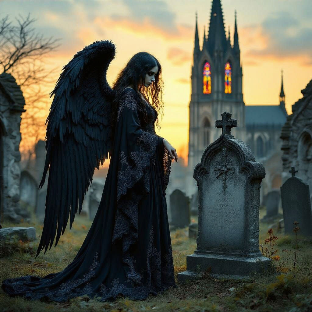 Dark Angel in Gothic Churchyard at Twilight