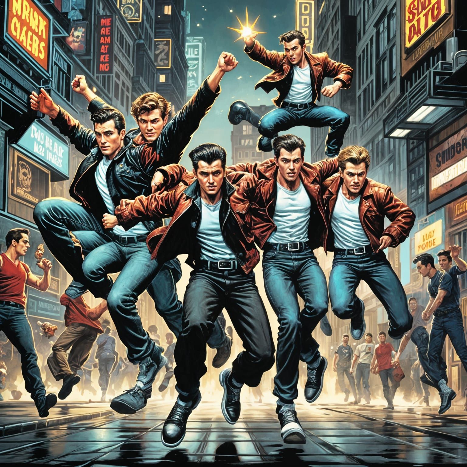 Broadway Greasers Leaping: Comic Book Art