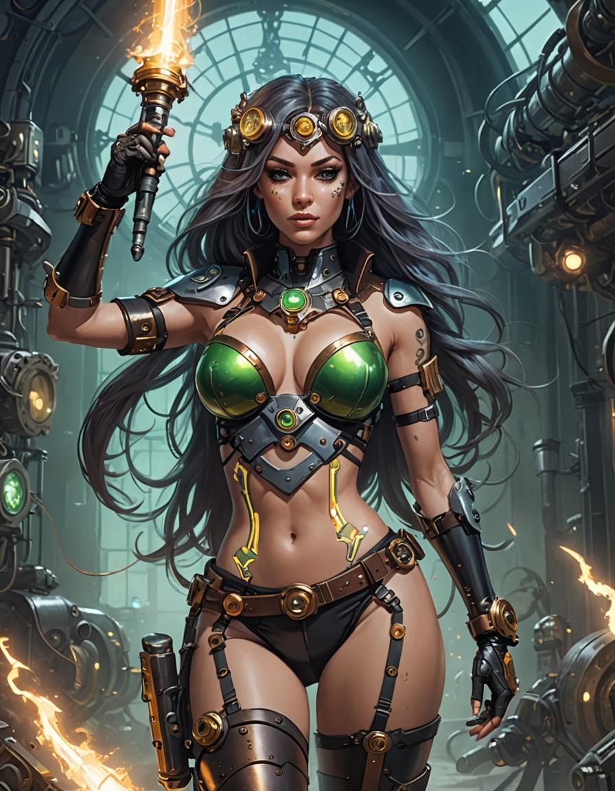 Steampunk Cyborg Barbarella with Glowing Wand