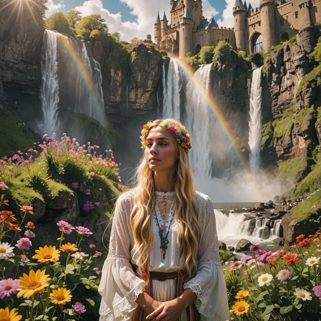 Fantasy Landscape with Waterfall, Rainbow, and Castle