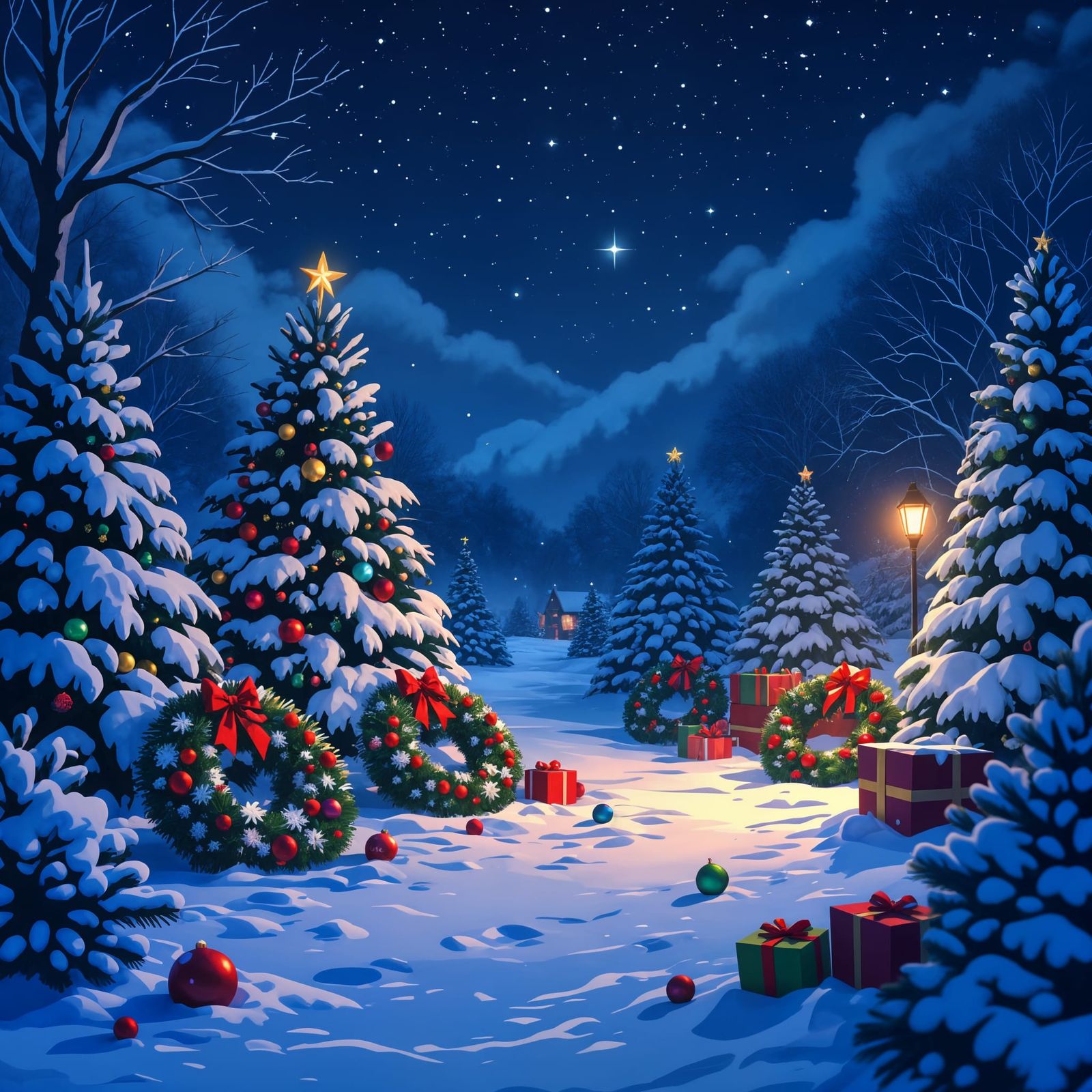 Synthwave Christmas Scene with Snowy Night Sky