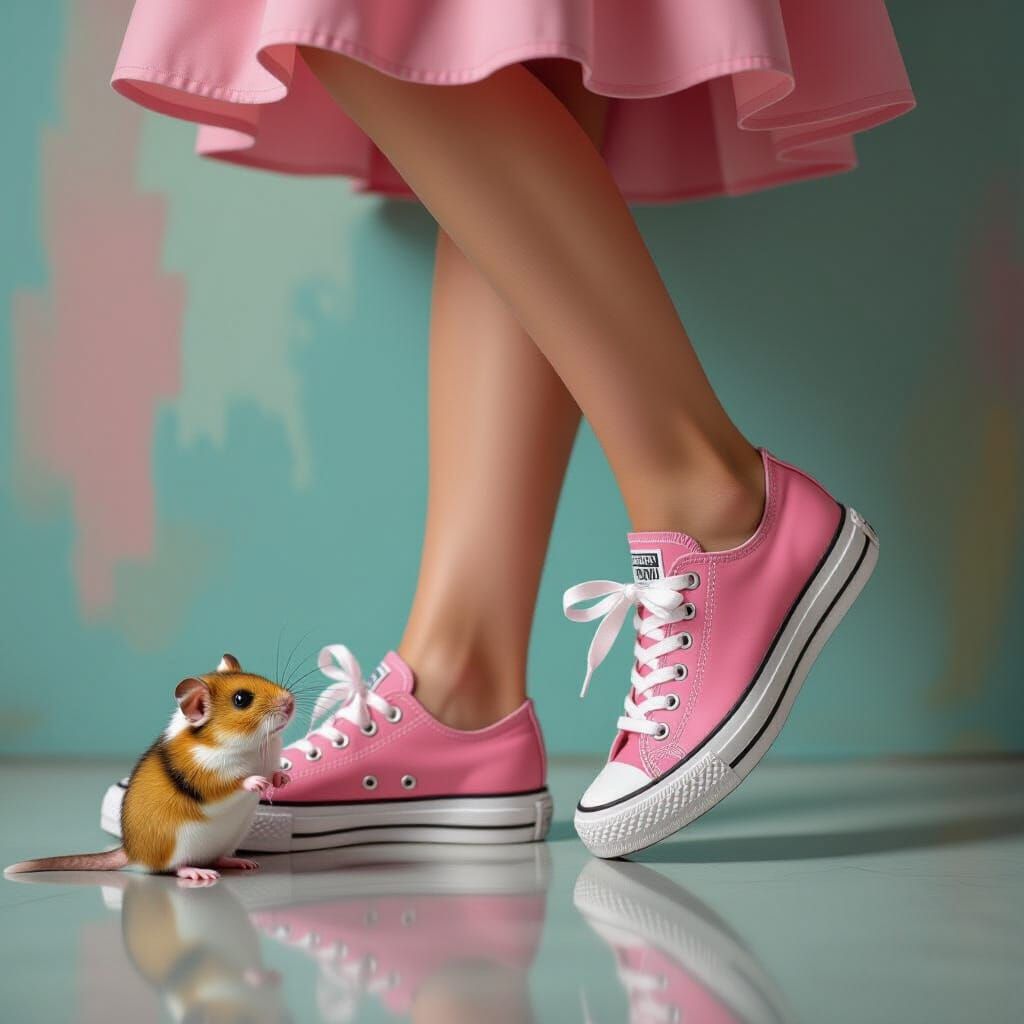 Girl in Pink Sneakers Steps Beside Hamster
