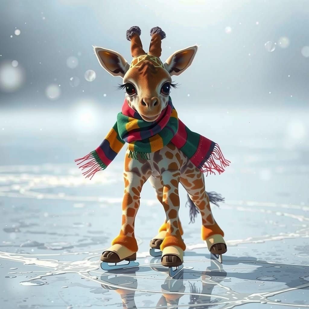 Hyperrealistic Toddler Giraffe Skates on Thin Ice with Deter...