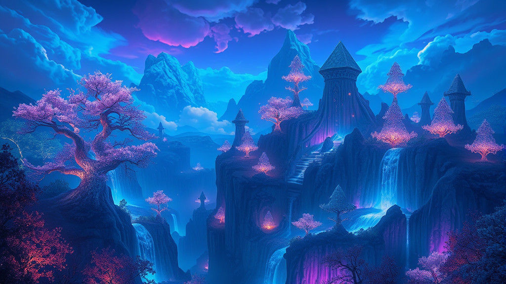 Mystical Realm with Glowing Trees and Waterfalls
