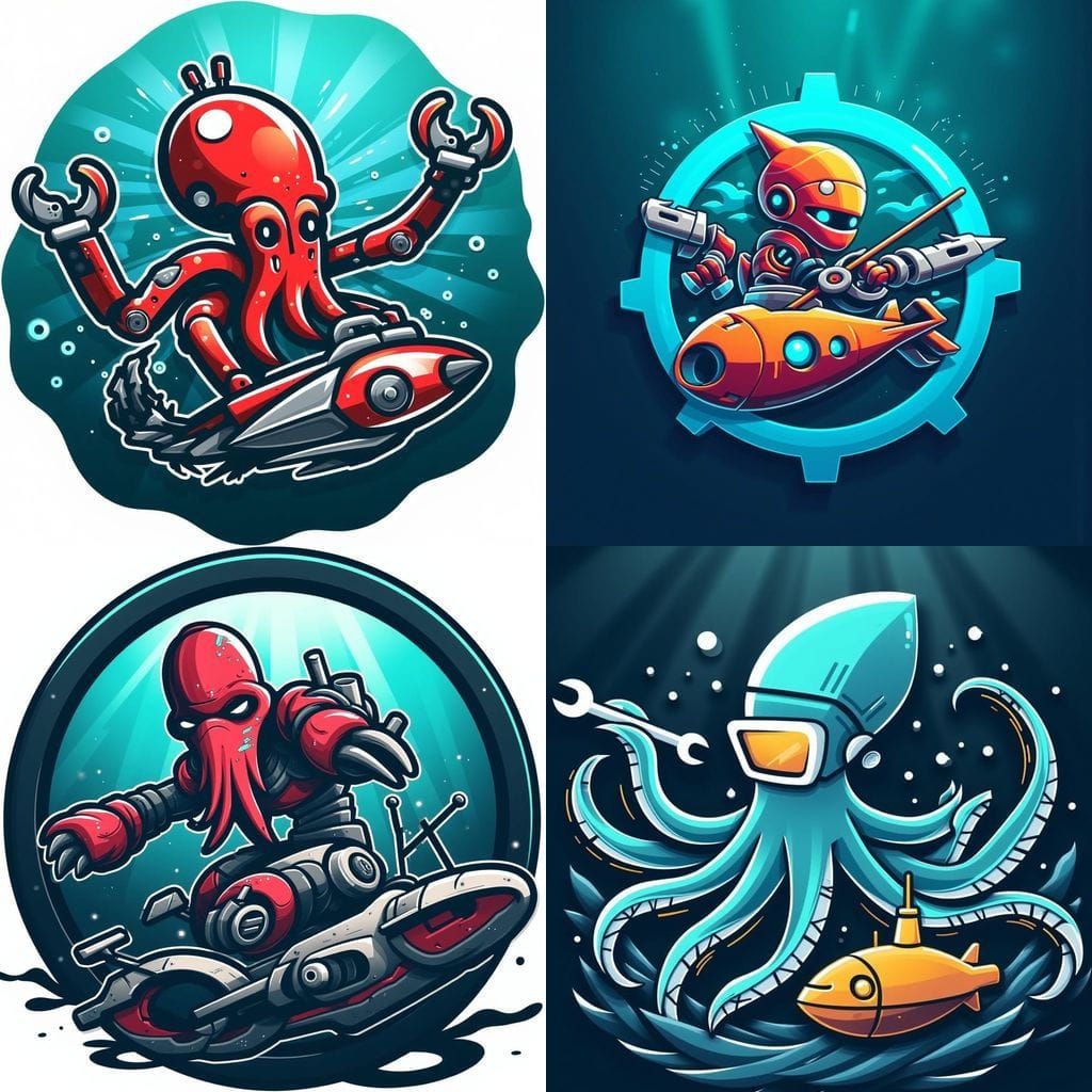 Robotic Octopus Engineer Piloting Submarine in Deep Sea