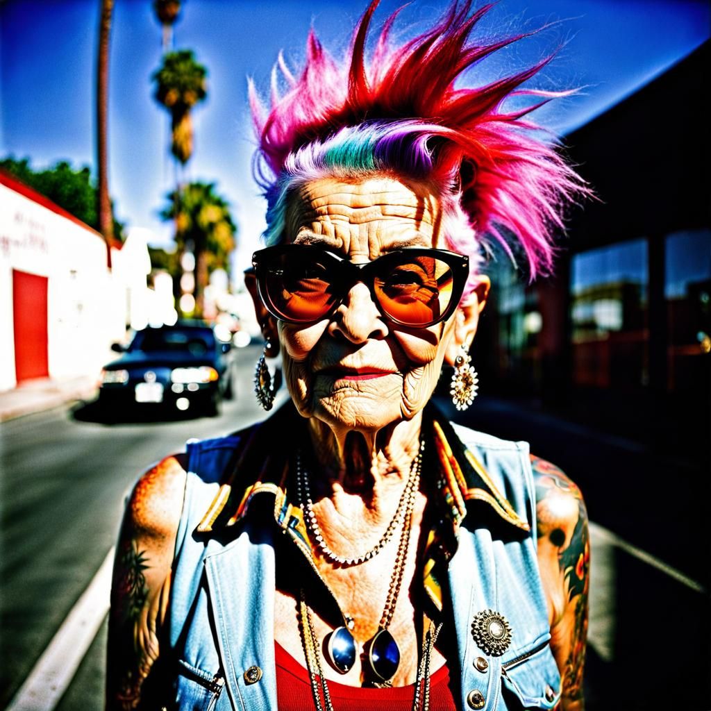 old woman ,eccentric,mad, funny looking , punk hair style ,unique, fancy colorful clothes,funny sun glasses,portrait,tat...