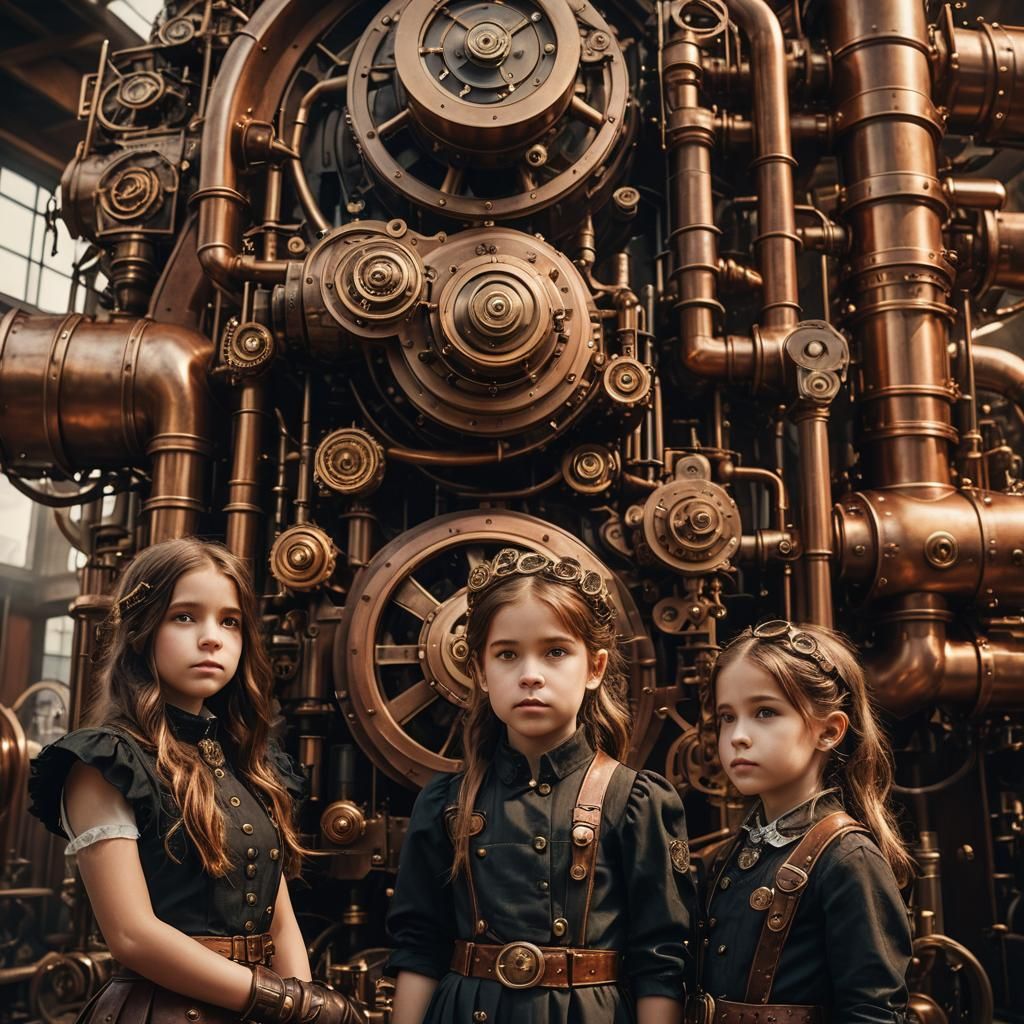 Steampunk Engine with Girl, Cinematic Still