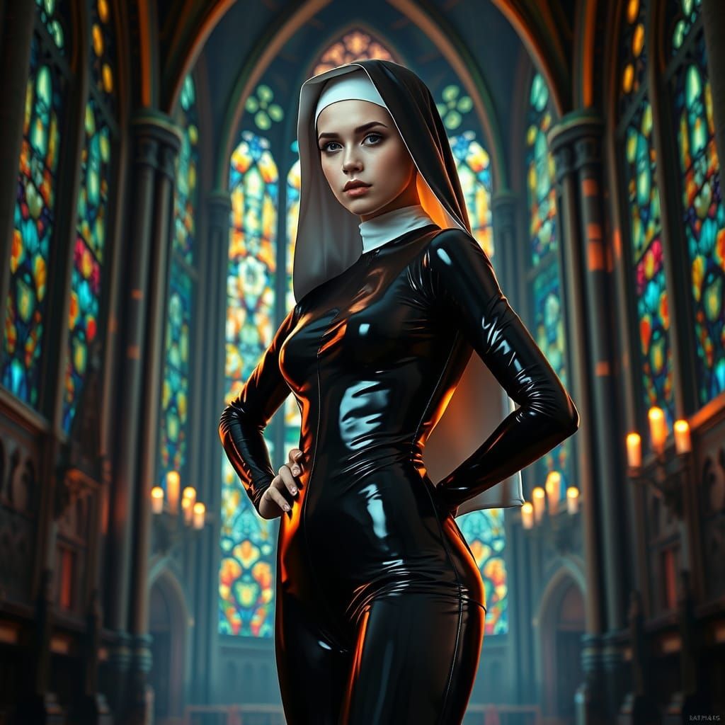 Sleek Nun in Black Latex Against Gothic Church