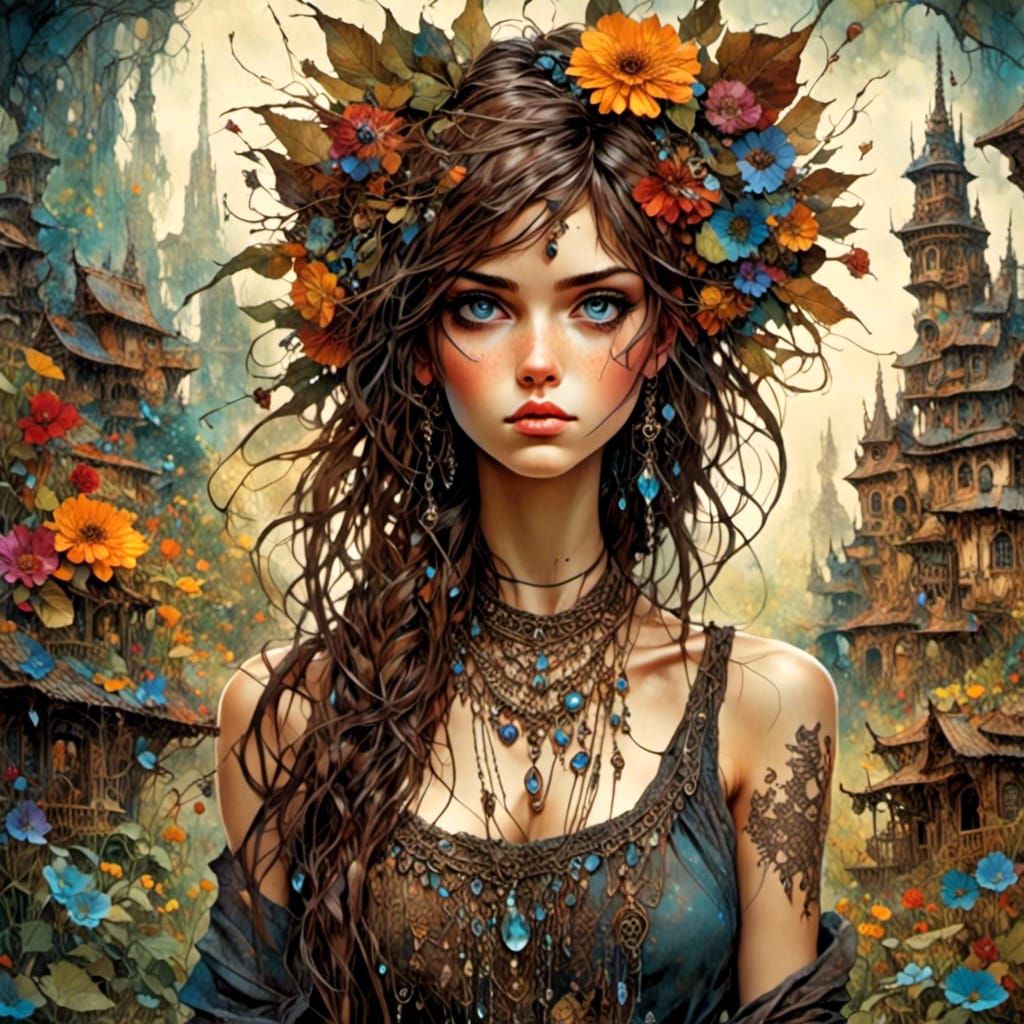 Beautiful Punk Woman in Detailed Village Illustration