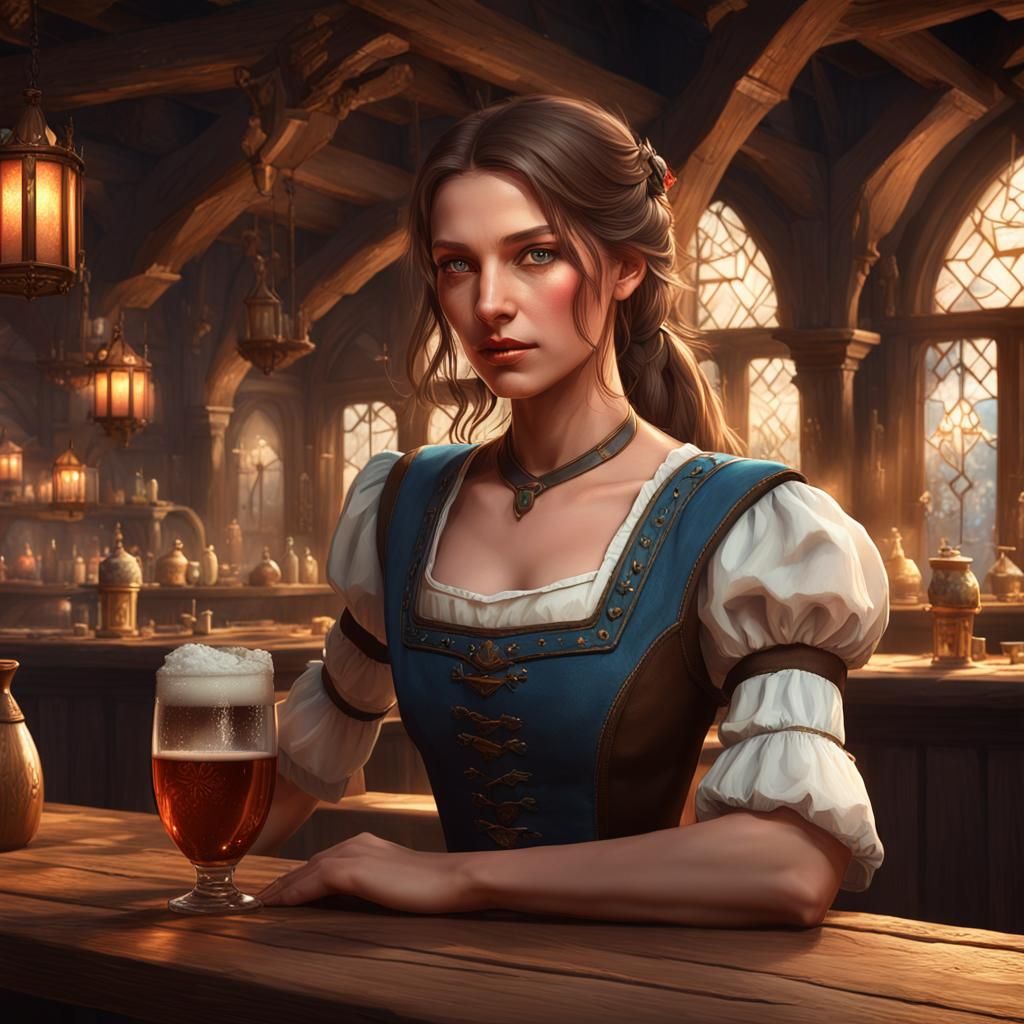 French Waitress in Dark Fantasy Tavern