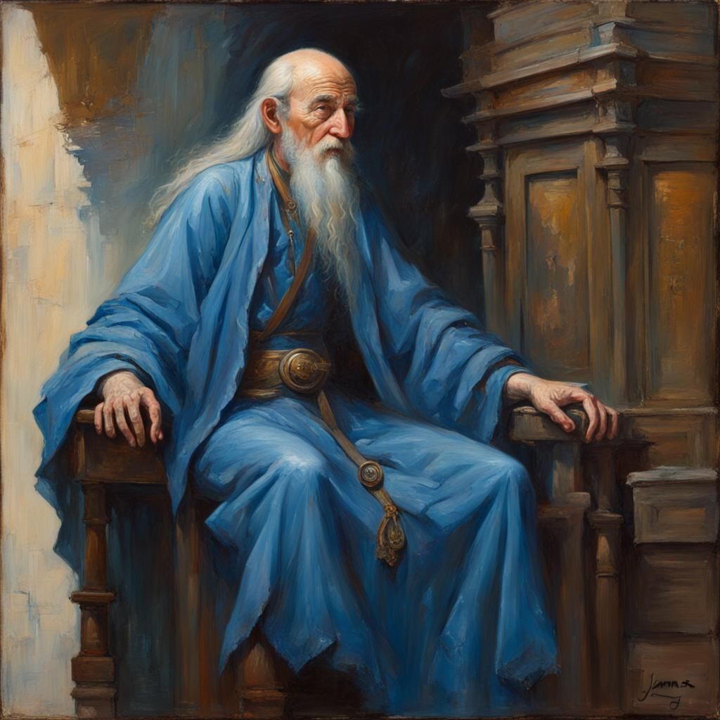Mage Old Man in Blue Dress: Oil Painting