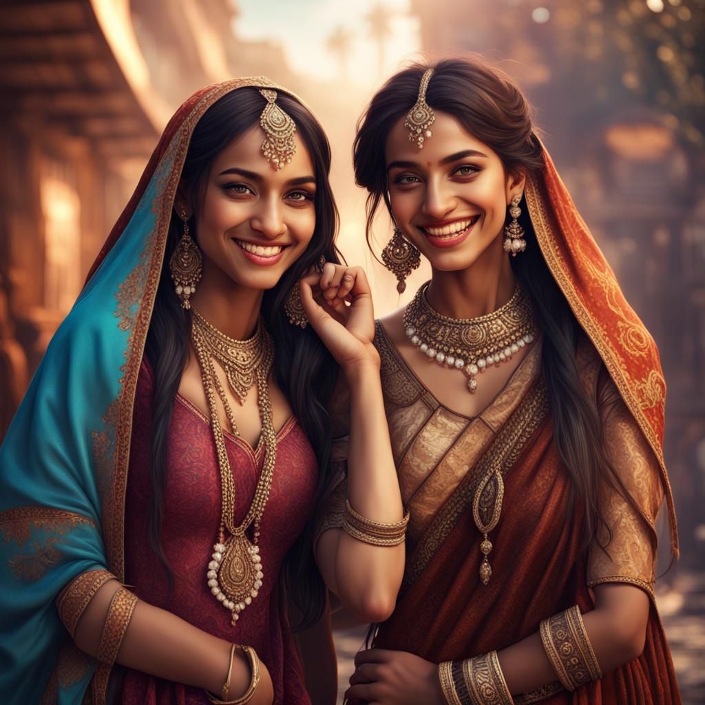 Indian Girls Selfie: Kissing Friends in Detailed Digital Art