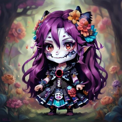 Chibi wacky woman dressed for Dia de Los Muertos with tradit...