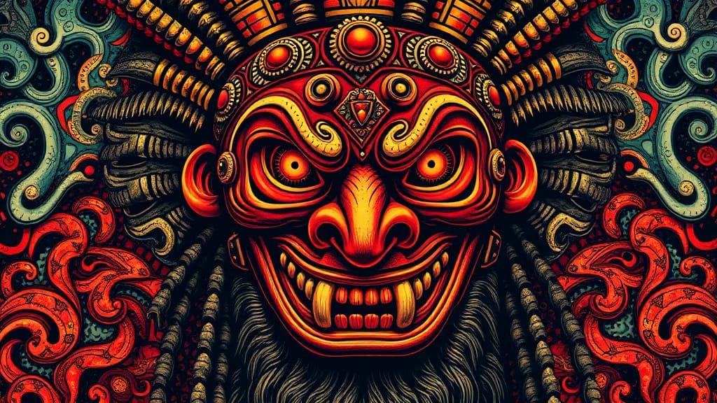 Haunted Maori Mask in Psychedelic Art Style
