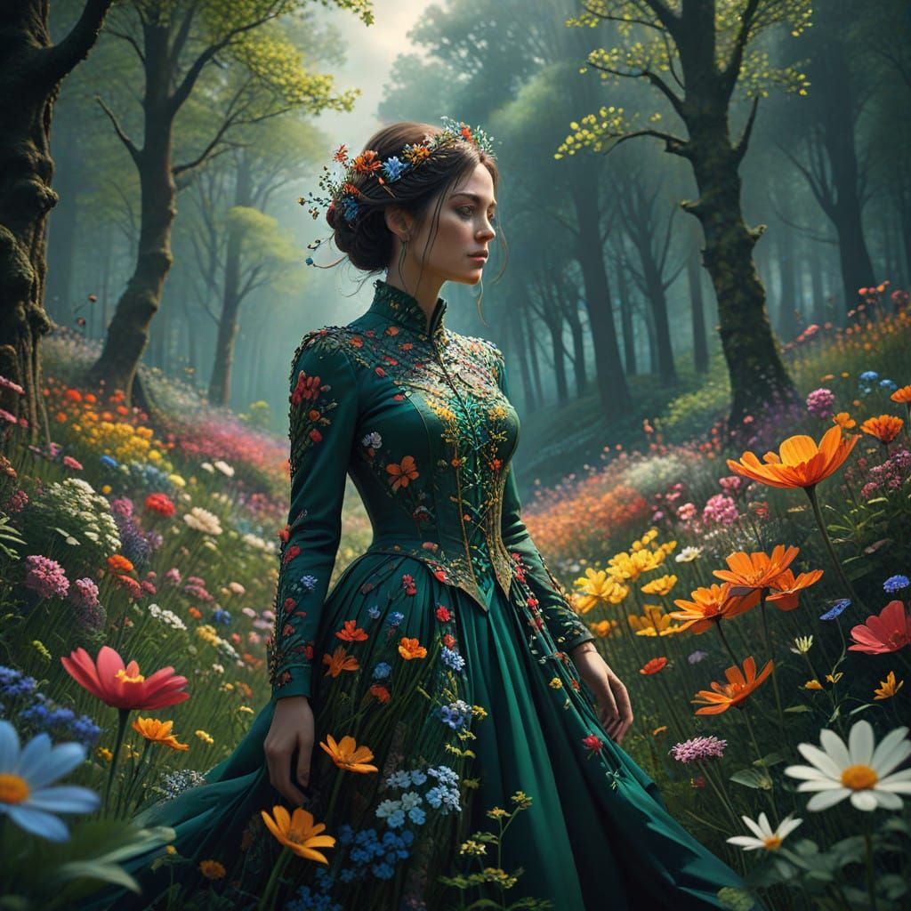 Woman in Vibrant Spring Dress Amidst Lush Forest