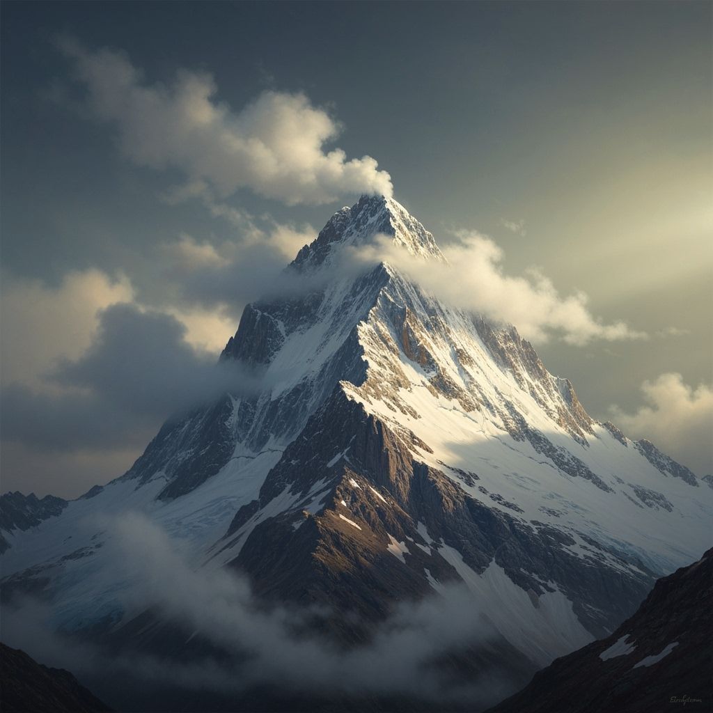 Majestic Snow-Capped Mountain Peak in Dramatic Oil Painting ...