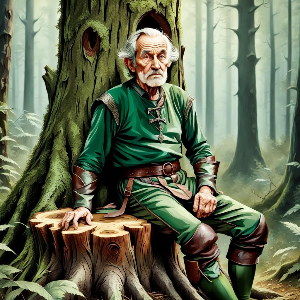 An Elderly Archer Rests in a Forest After Battle