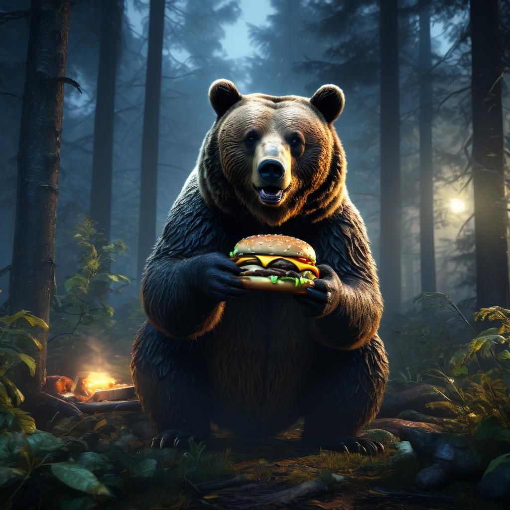 Bear with Cheeseburger in Misty Forest, 3D Render