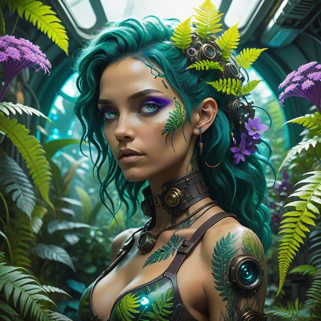 Ethereal Plant-Human Hybrid in Steampunk Lab