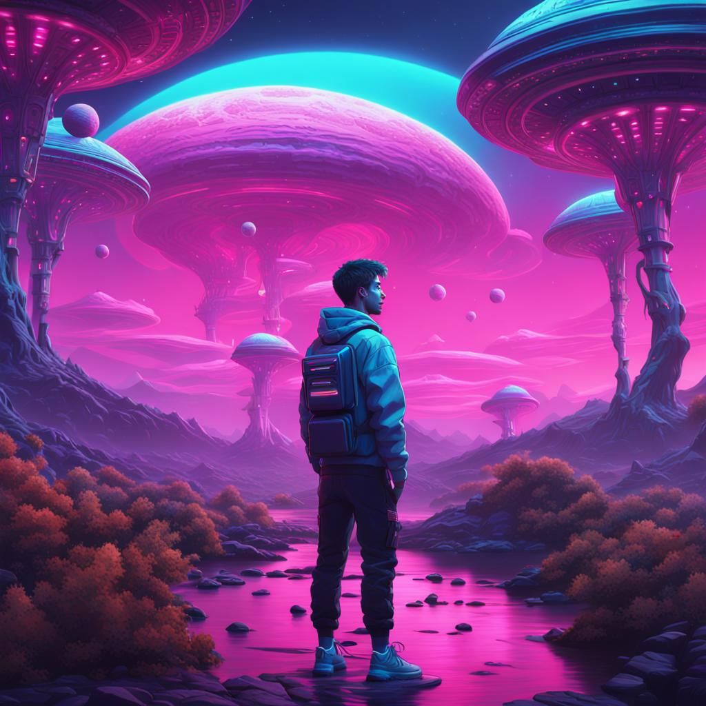 Vaporwave Man Chatting With Aliens: Digital Art