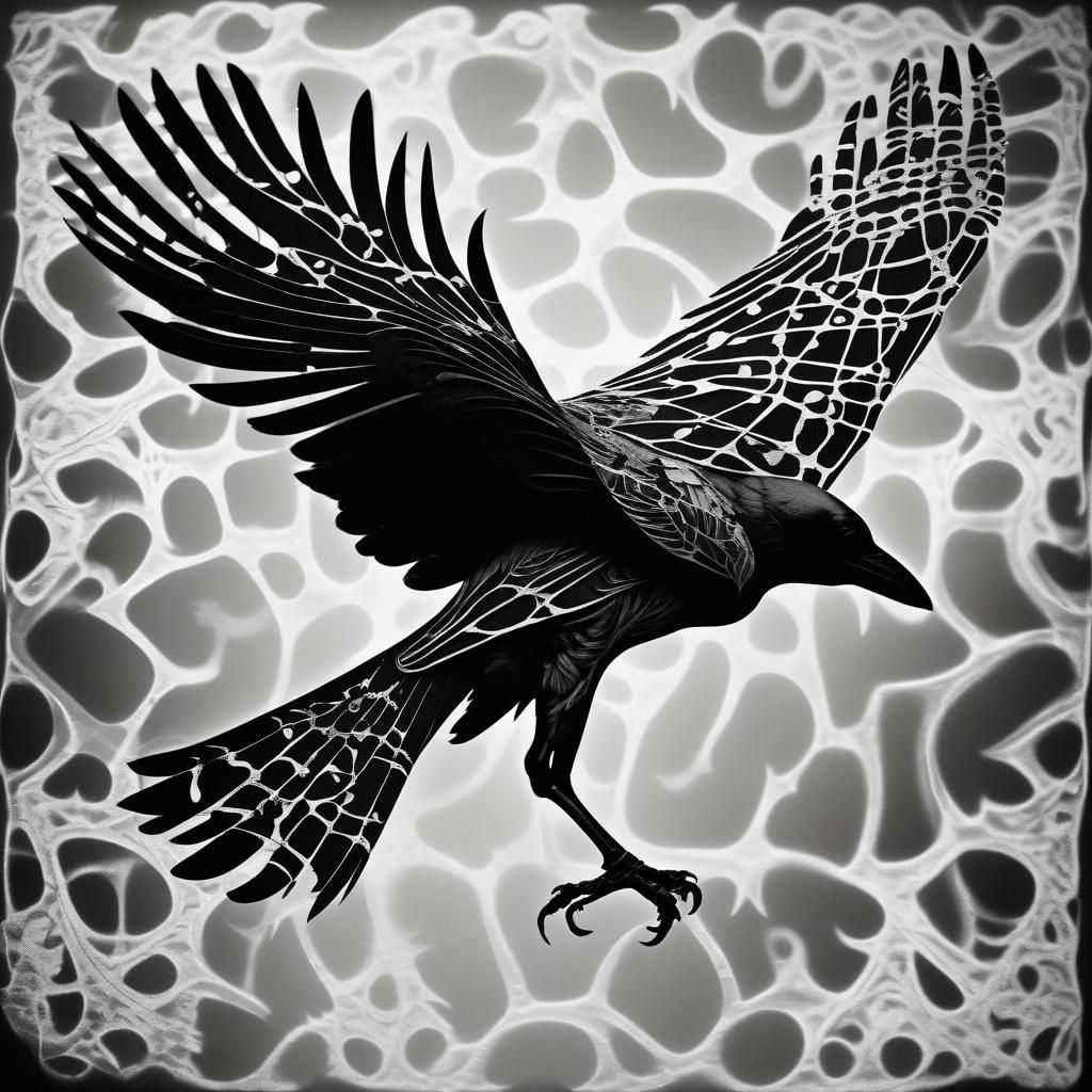 Monochrome Raven Skeleton Photogram with Solarization Effect