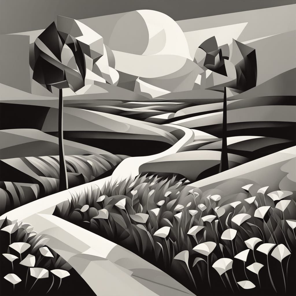 Cubist Figures Wander Desolate Poppy Field