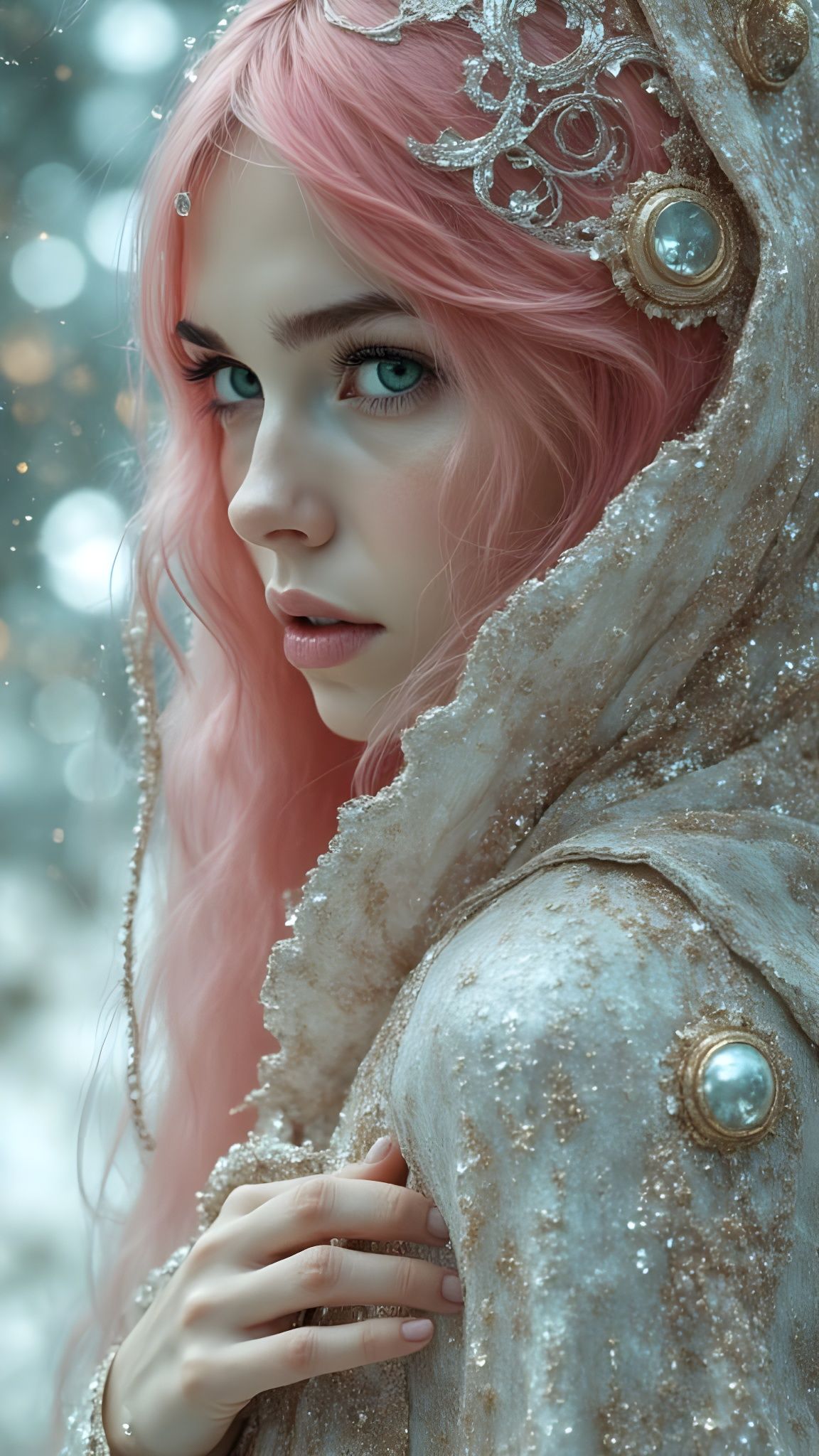 Ethereal Woman in Outer Space with Flowing Pink Hair