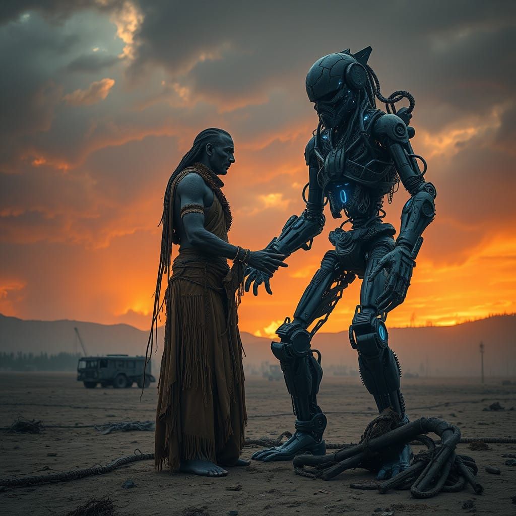 Human Marries Cybernetic Titanobo in Dark, Ominous Post-Apoc...