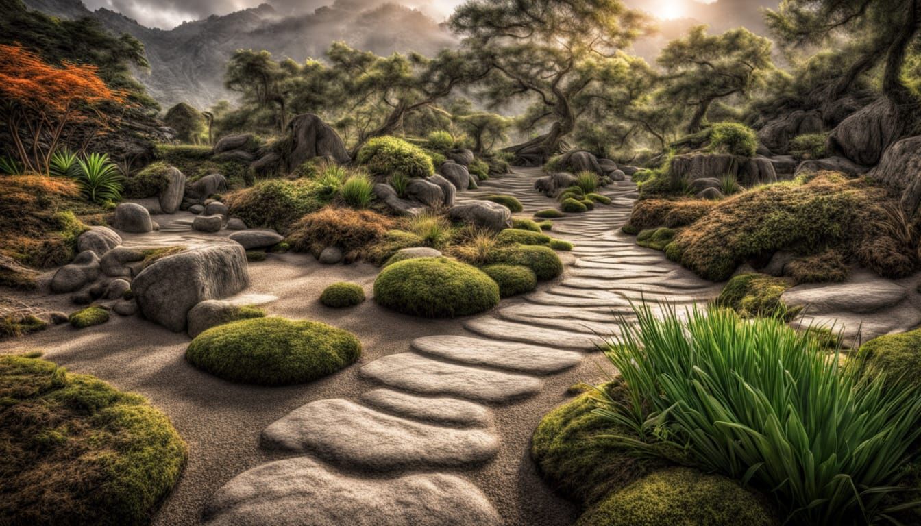 Zen Garden Walkway in Wilderness: Hyperrealistic & Moody