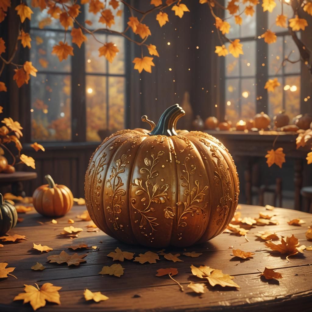 Ornate Pumpkin in Cozy Room, Pixar Style