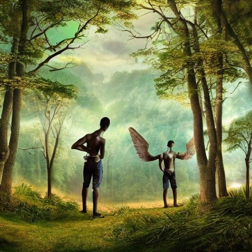Angelic Figures in Forest: Detailed Matte Painting