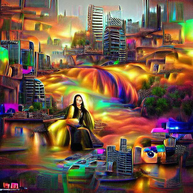 Mona Lisa in Cyberpunk City at Sunset