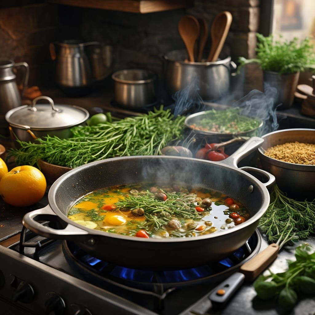 Surreal Still Life of Cooking Herbs and Food in Vibrant Colo...