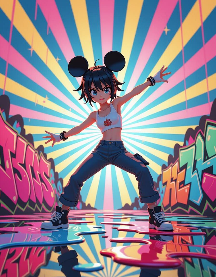 Dynamic Anime Character with Graffiti in 3D Style