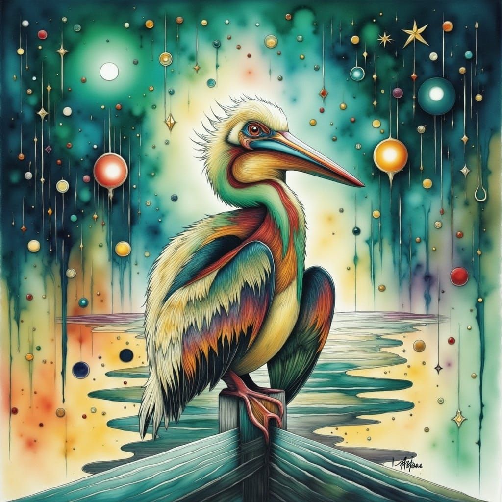 Pelican on a Jetty at Golden Hour, Atmospheric Watercolour S...
