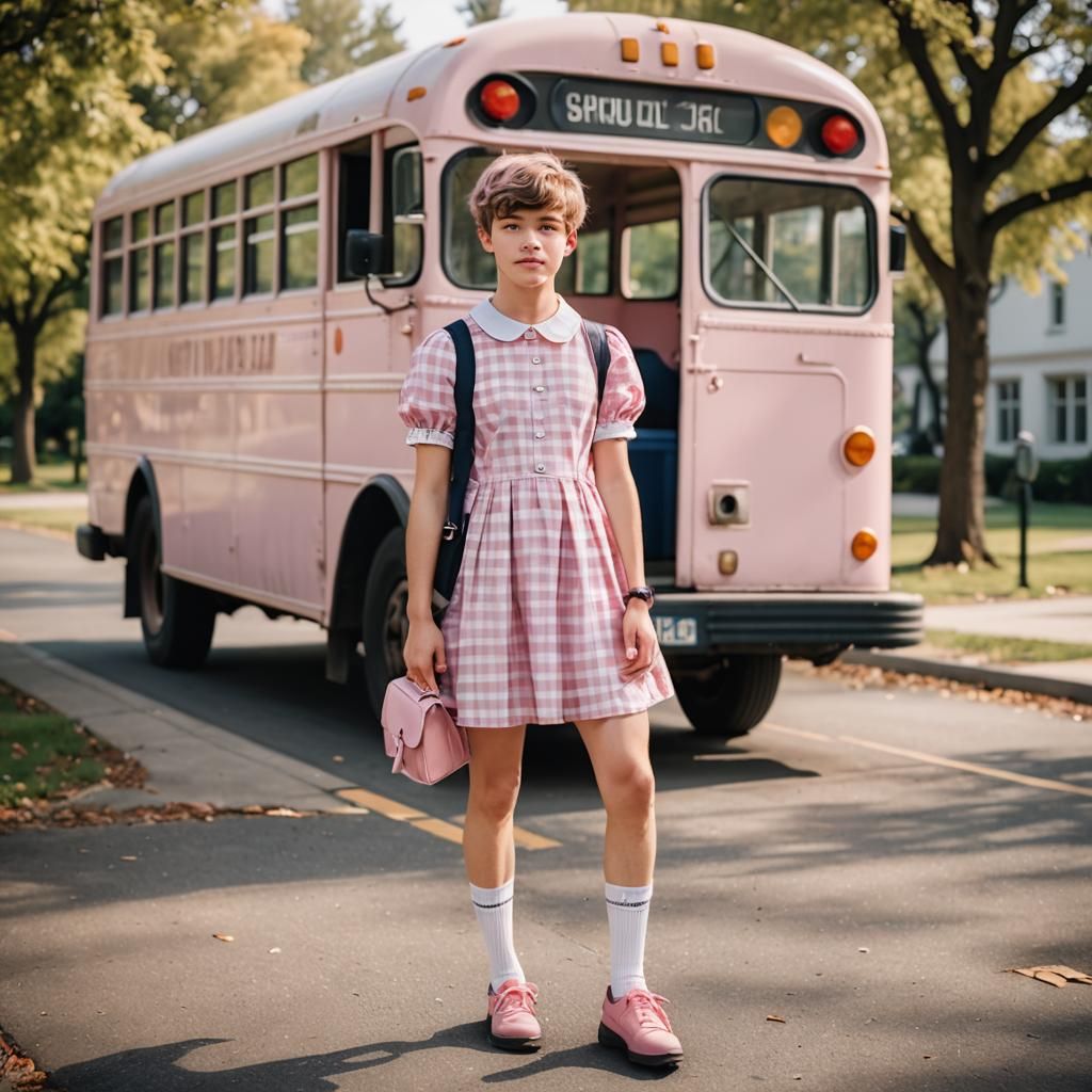 Boy in Babydoll Dress Boards School Bus