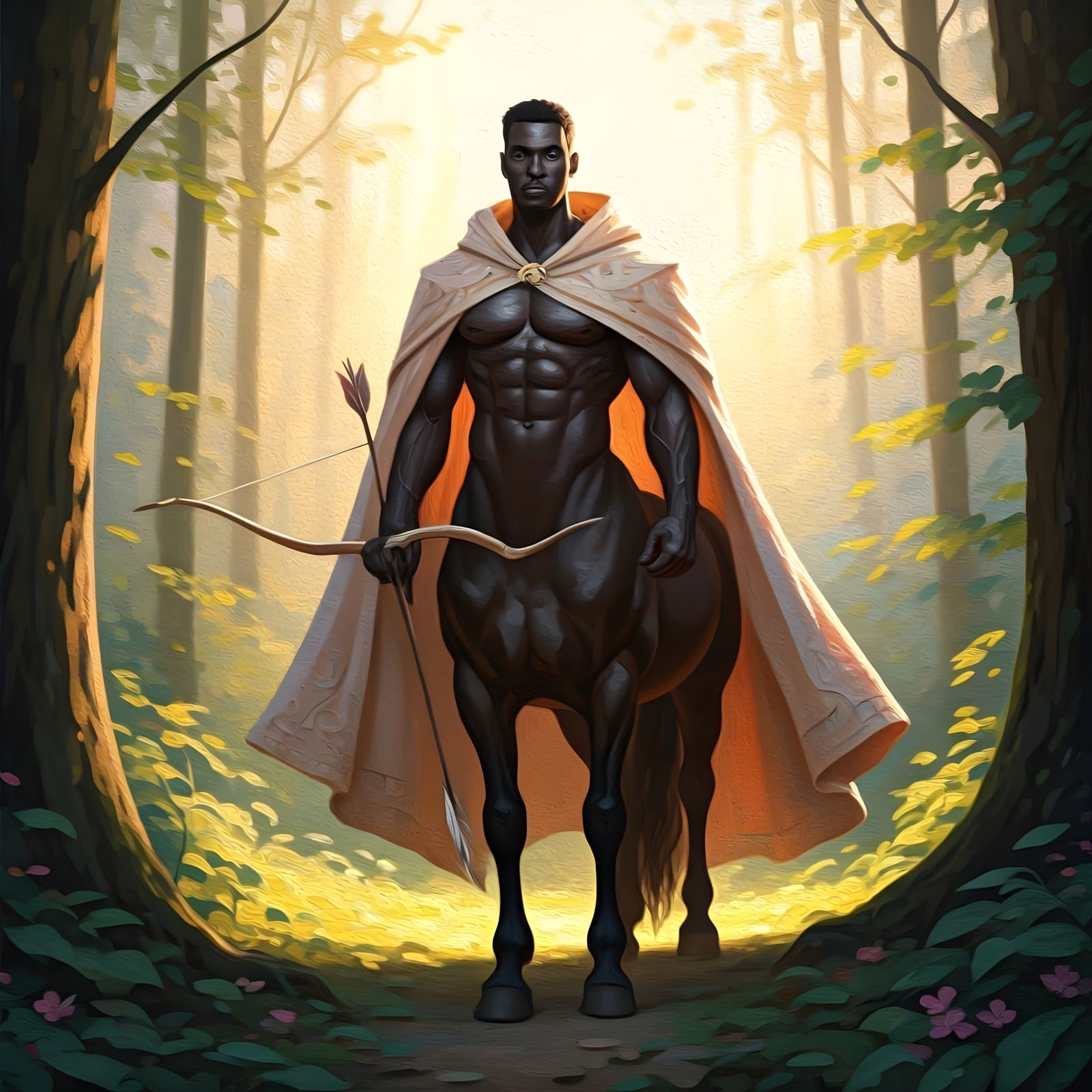Elegant Black Centaur in Forest Clearing as Impasto Painting