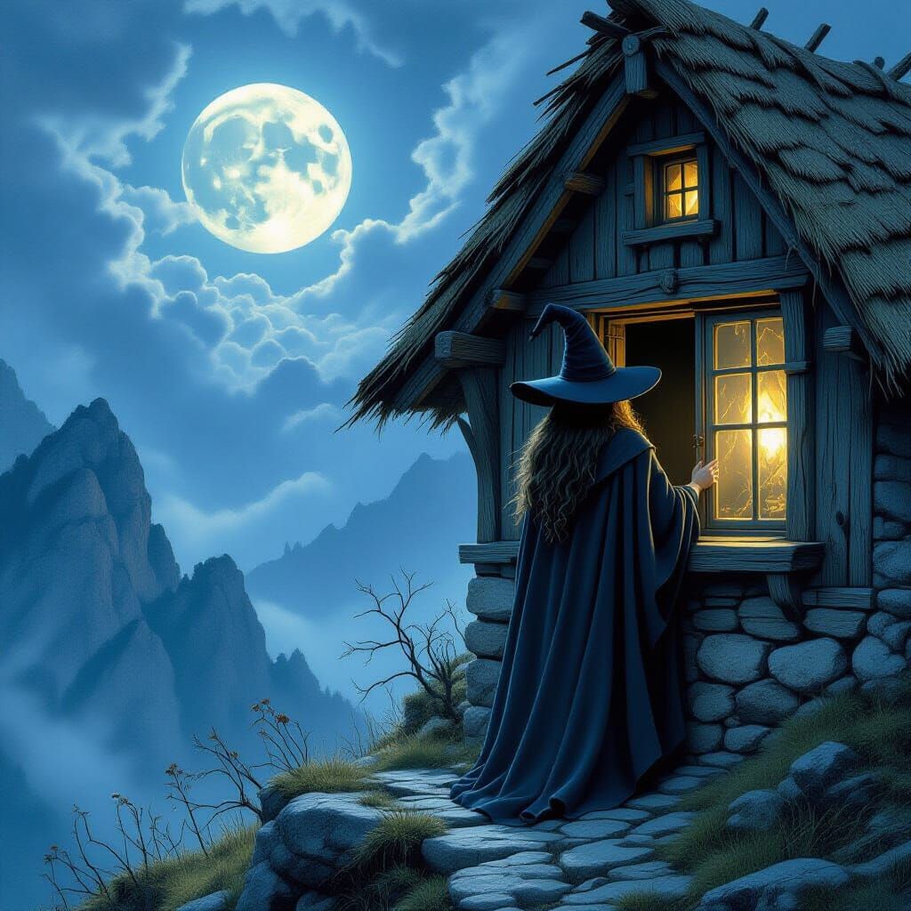 Moonlit Witch Hut on Mountain in Mystical Style