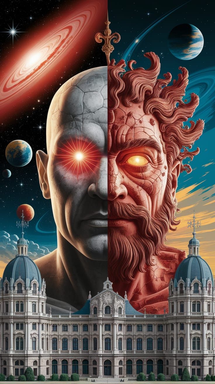 Surreal Baroque Face Unites Ancient and Cosmic Realms in Vib...