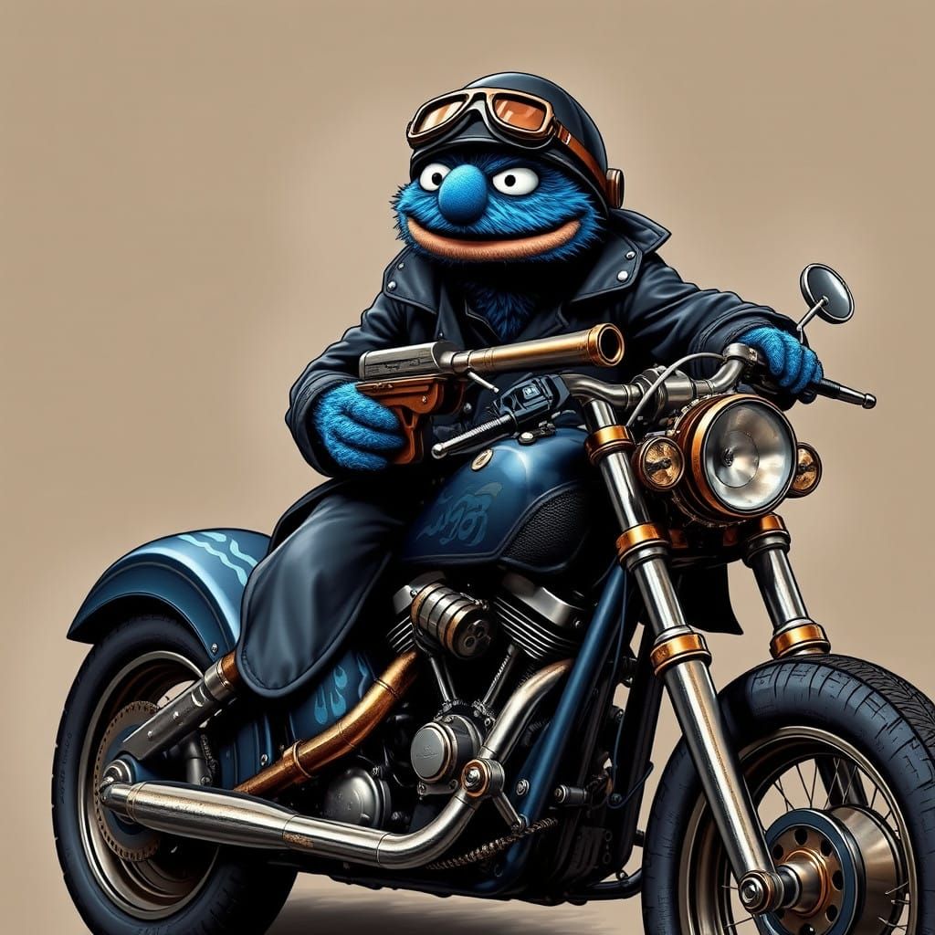 Cyberpunk Cookie Monster Rides Harley Davidson Fatboy with G...