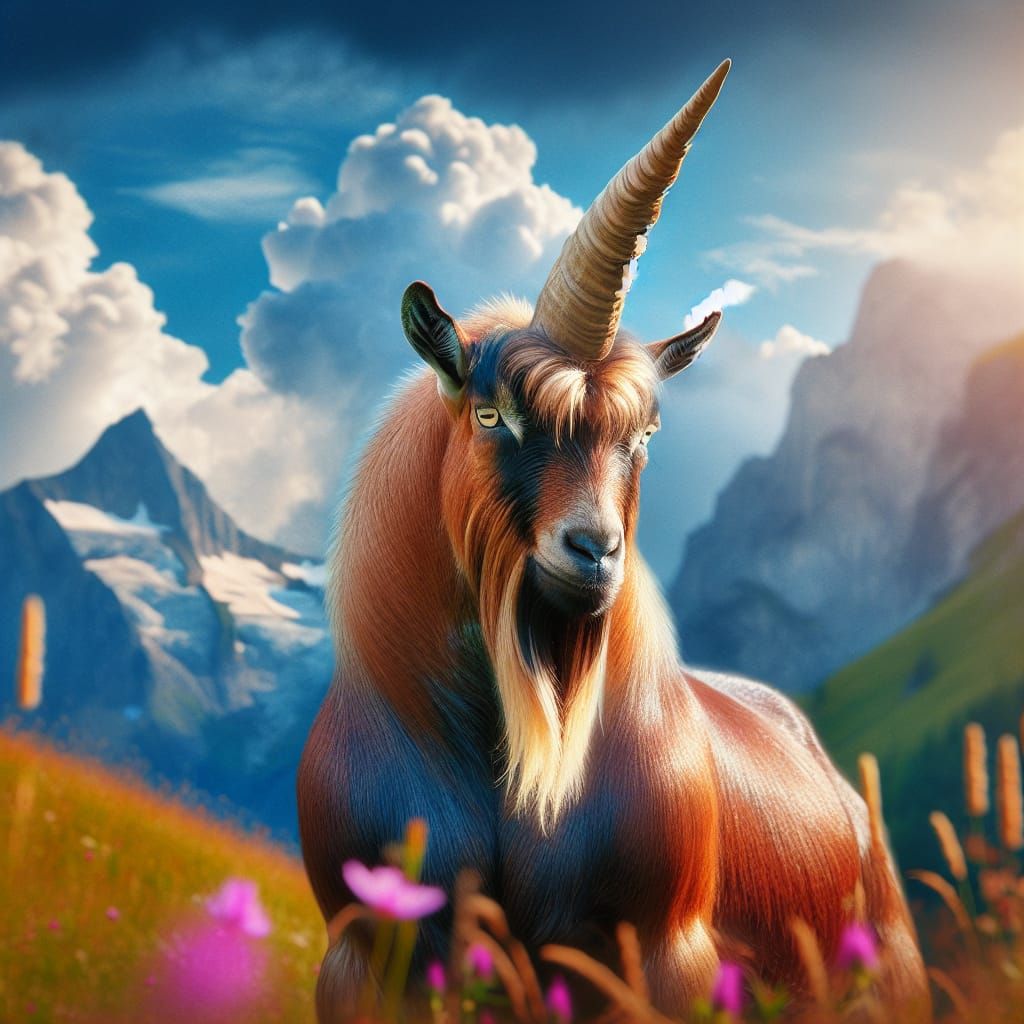 Majestic Unicorn Goat in a Field of Wildflowers