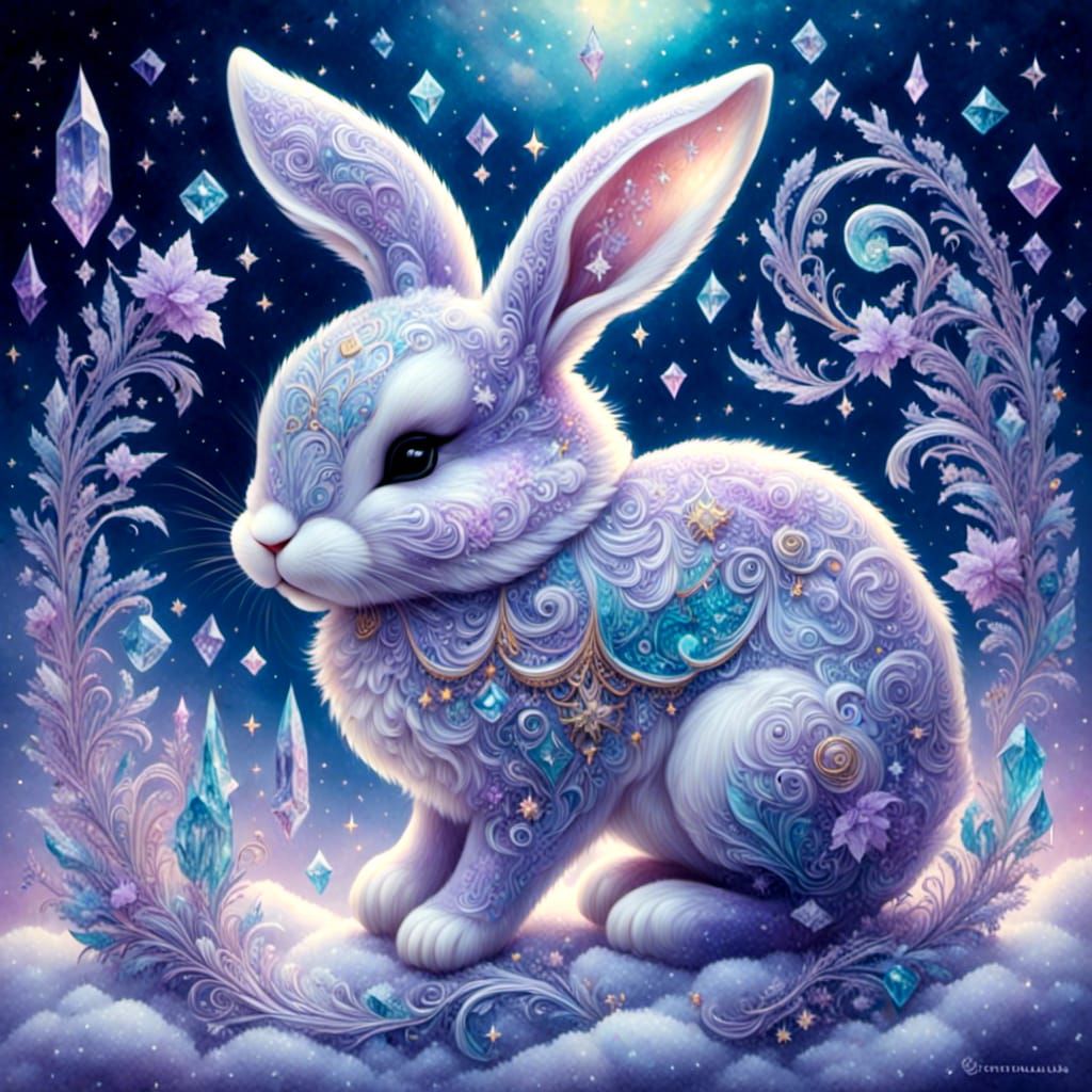 Lilac Bunny Leaping in Glittery Snowscape