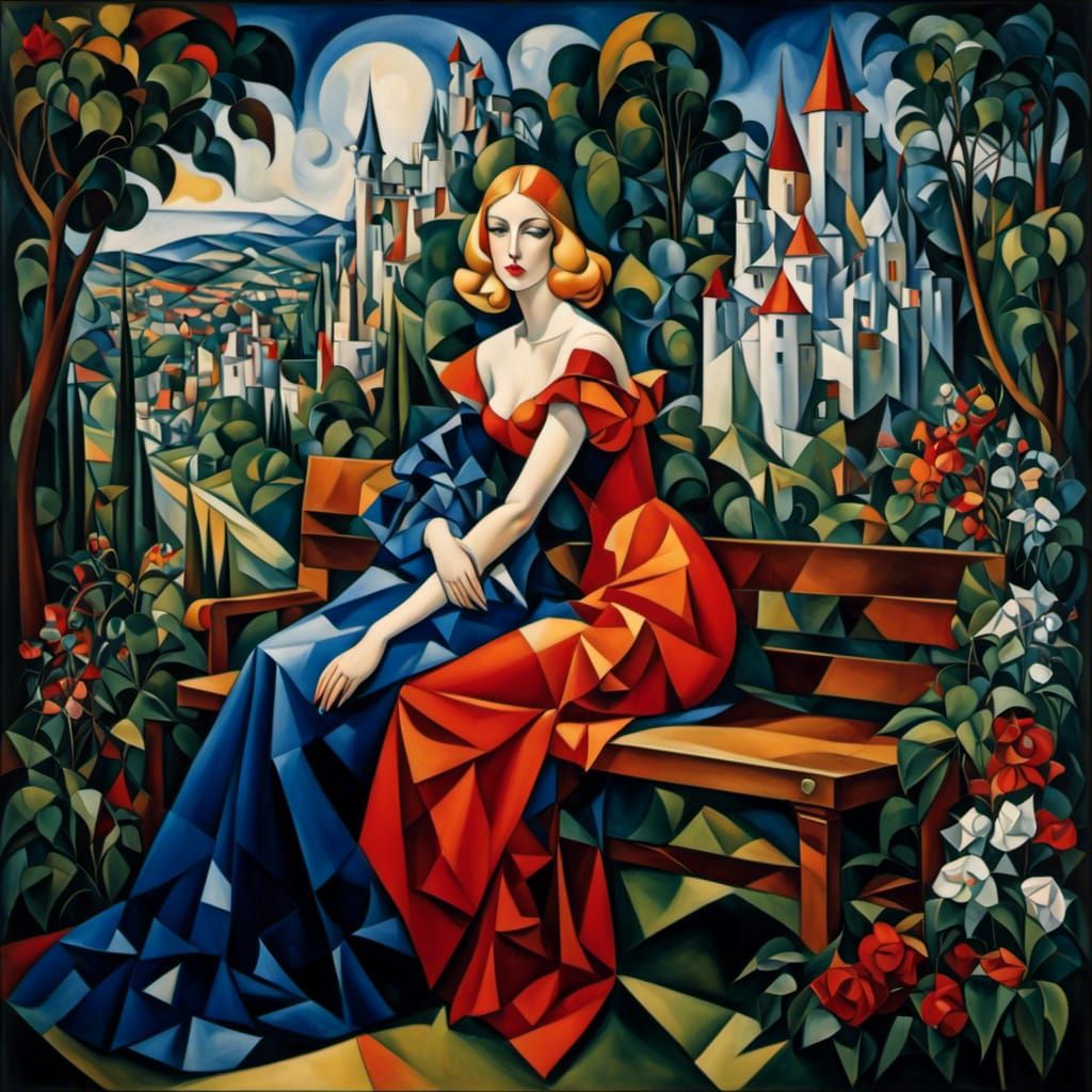 Princess in Garden, Cubist Art Style