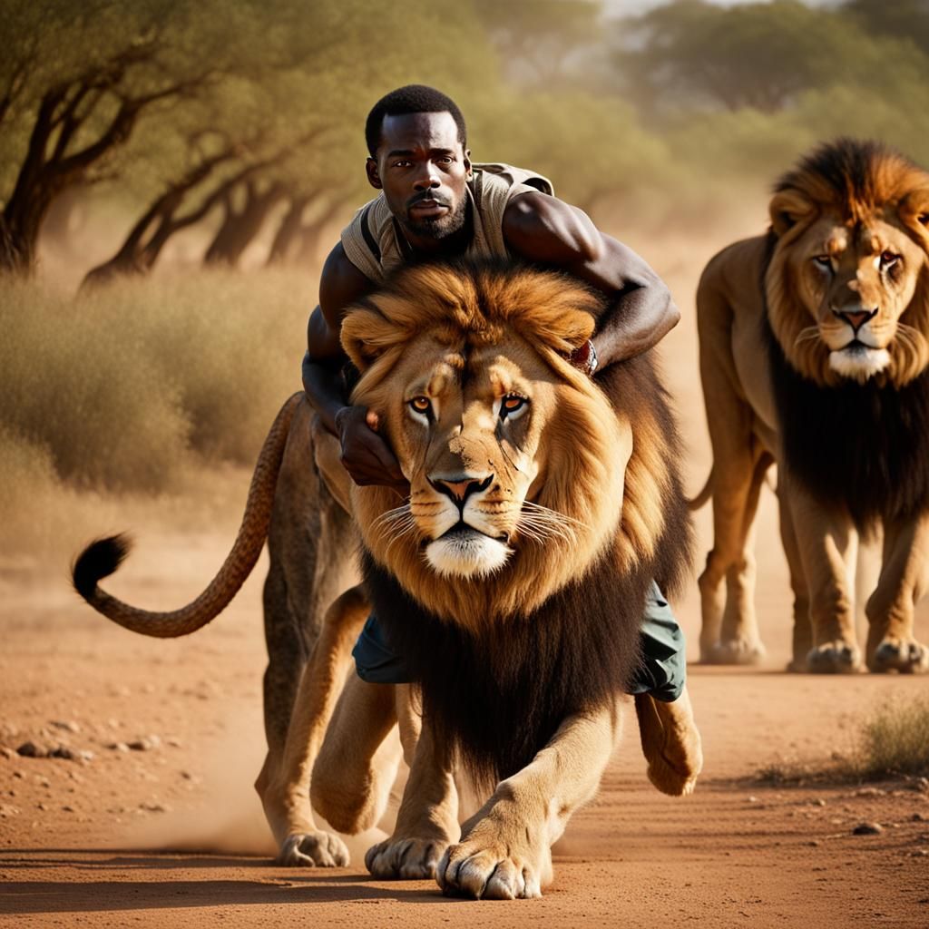 African Man and Lion in Harmonious Portrait
