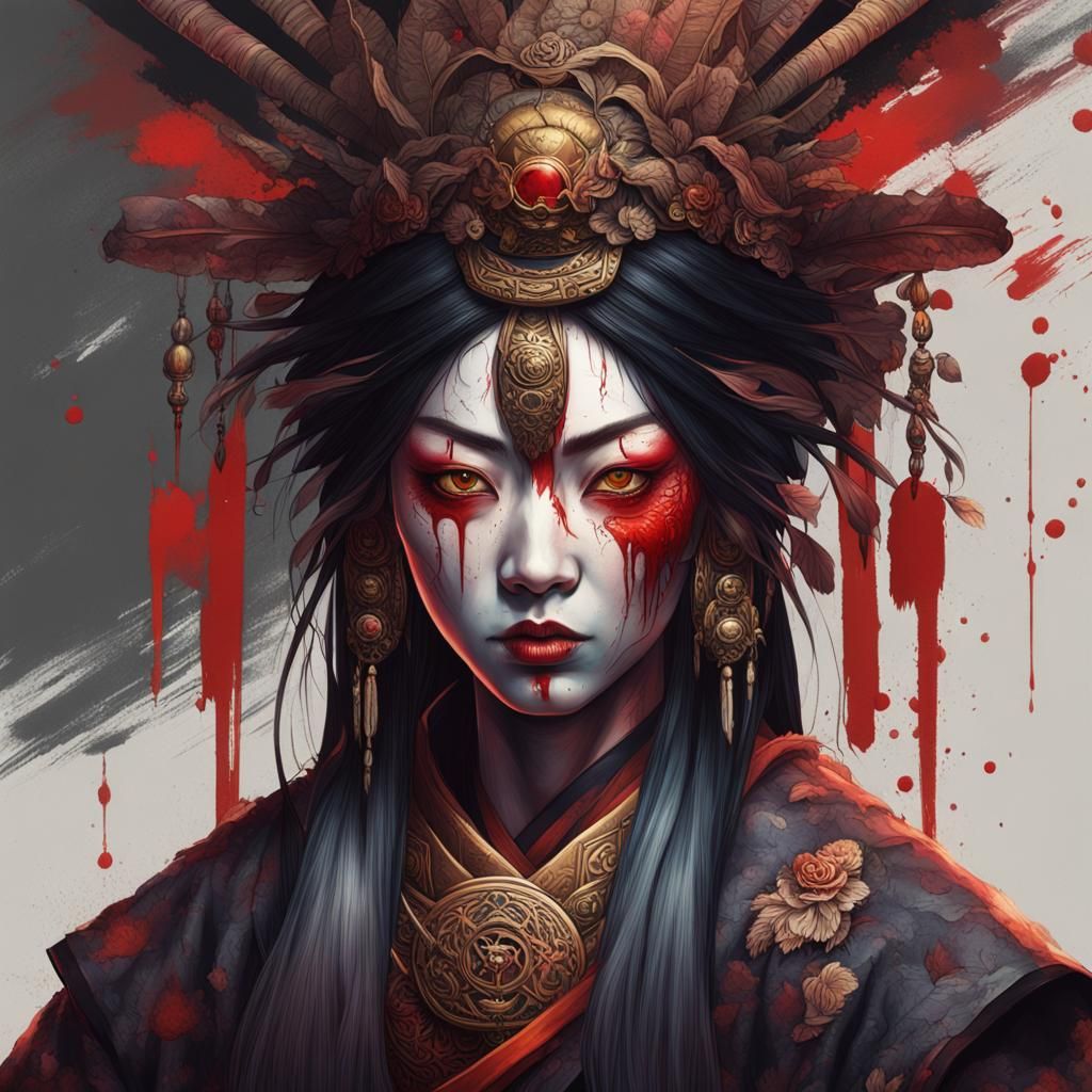 Izanami with Bloody Eyes: Hyperrealistic Japanese Queen