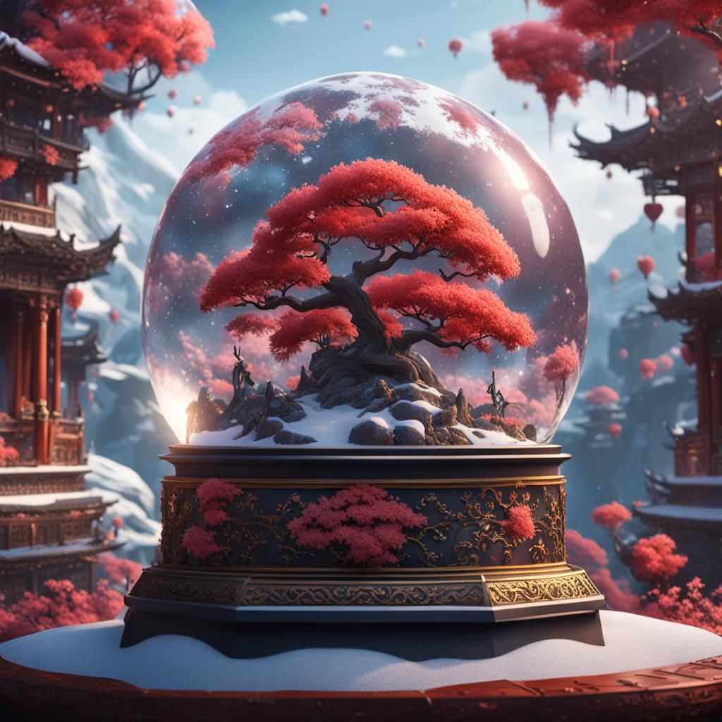 Fantastical Snow Globe: Asian Man and Outer World Flowers